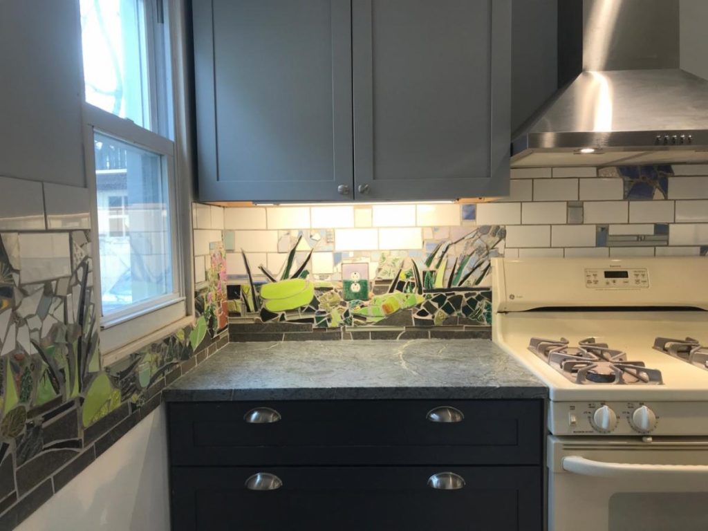finished custom ceramic tile backsplash from another angle